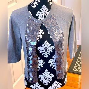 Ann Taylor Sz MP Gray 3/4 Sleeve Bolero Crop Open Cardigan Silk Blend W/Sequins.